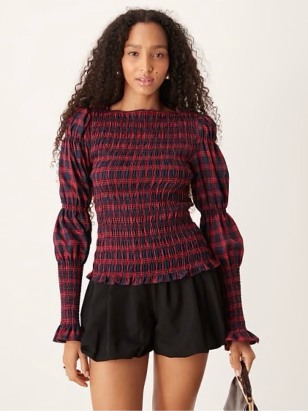 Amylynn Long Sleeve Shirred Tartan Top